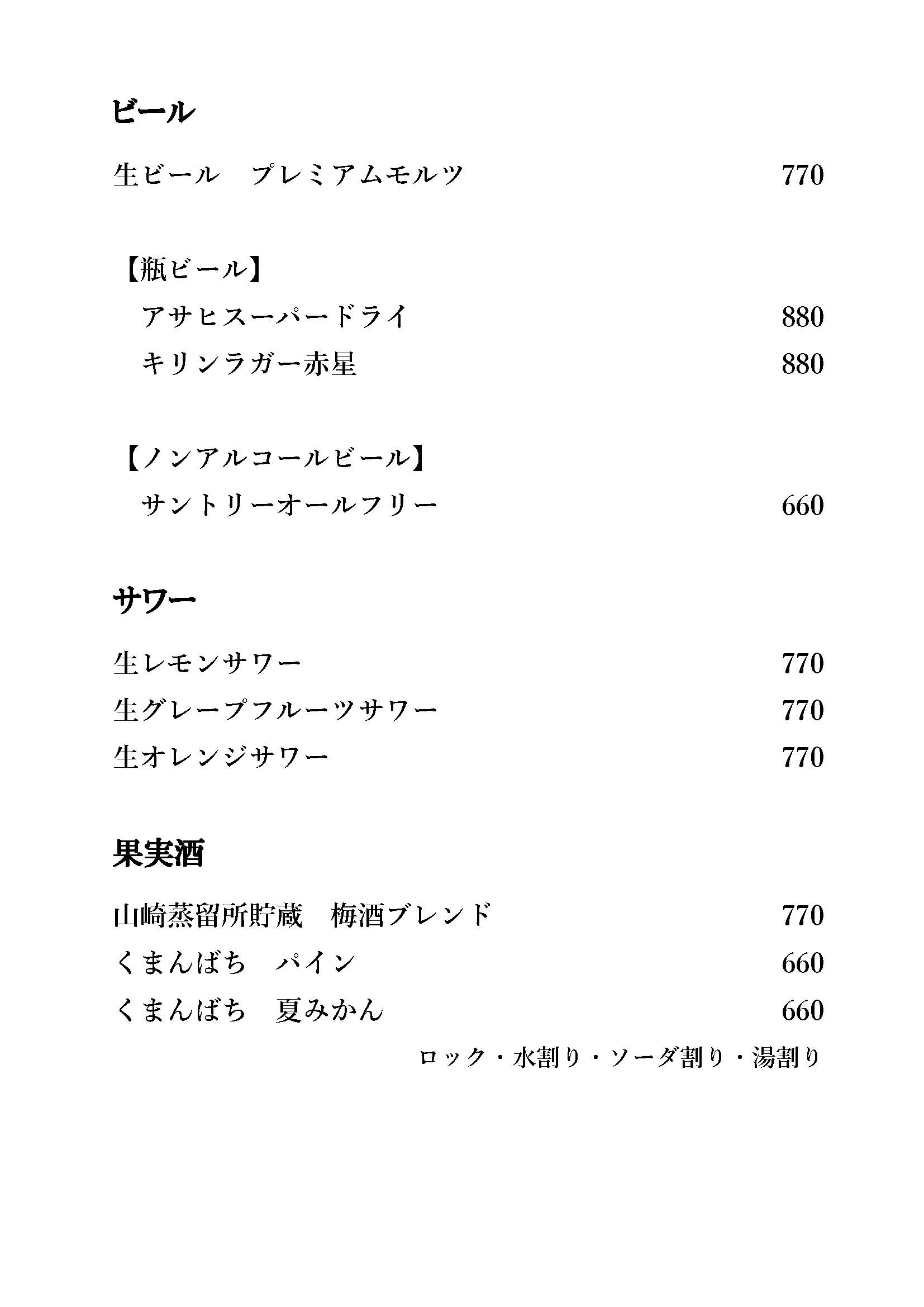 おしながき（ドリンク） 1