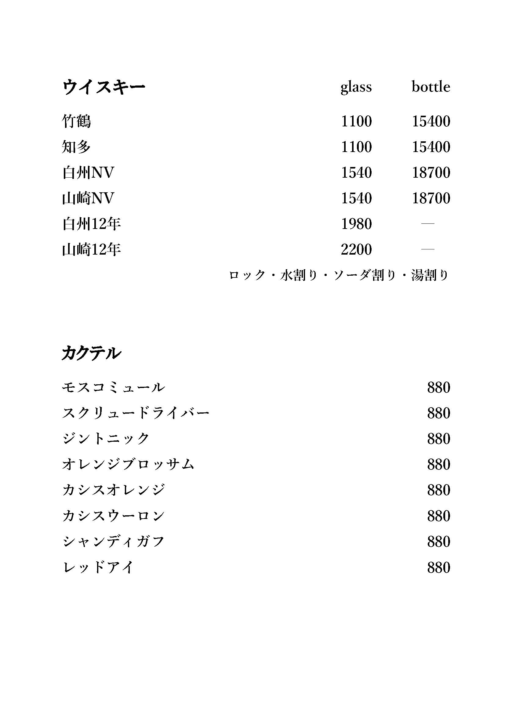 おしながき（ドリンク） 2